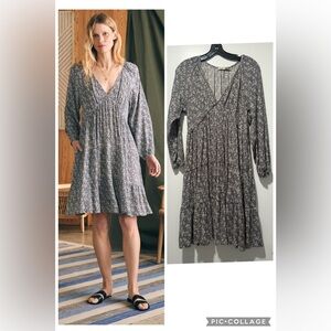 Faherty Sirene Mini Dress S Navy Ditsy Floral Long Sleeve V Neck Ruffle Hem